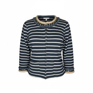 Boston Proper Nautical Stripe Jacket Fringe Trim Blue White Zip Jacket Size 8